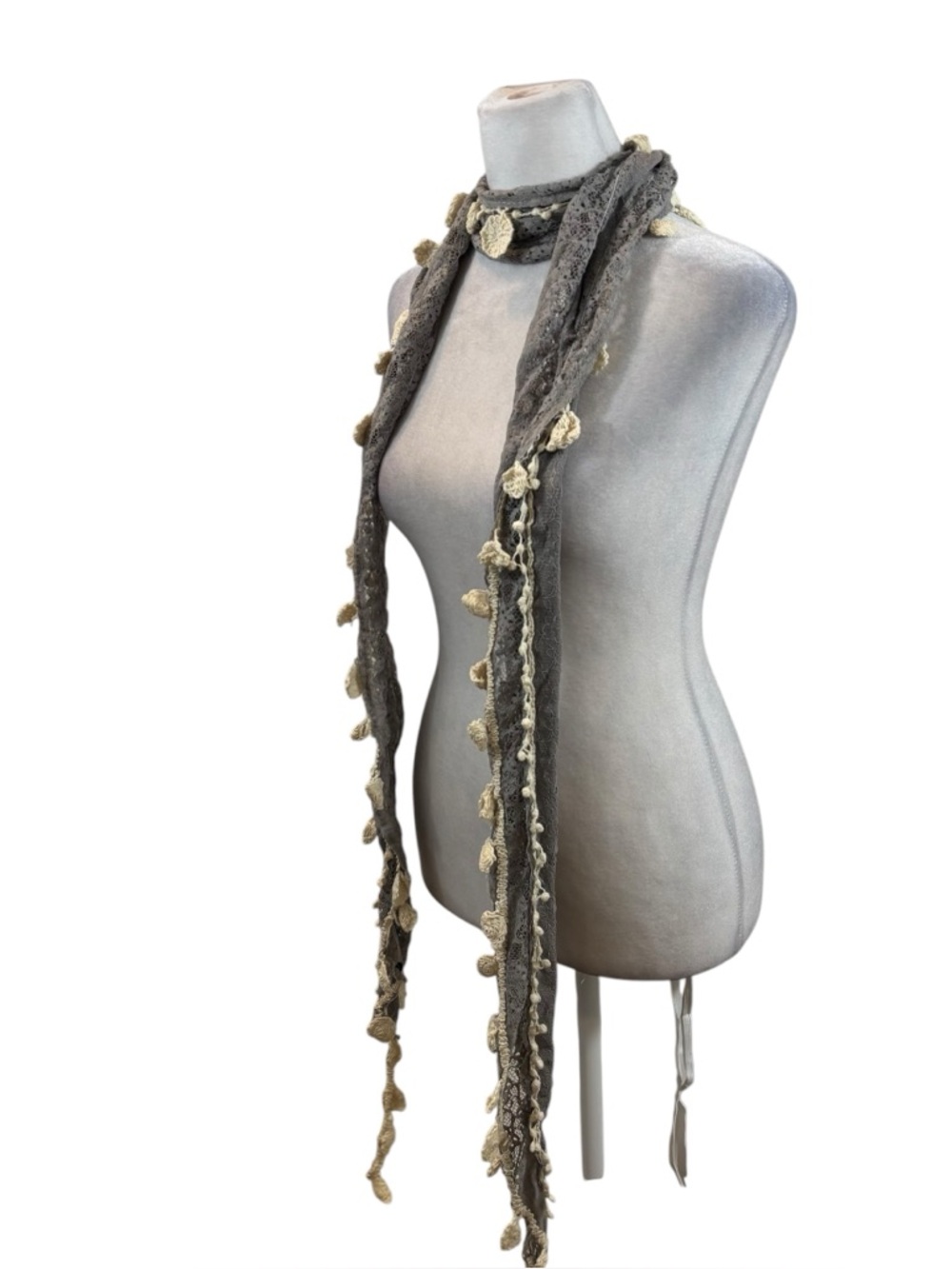 Ladies Grey Lace Scarf with Ivory Crochet Fringe